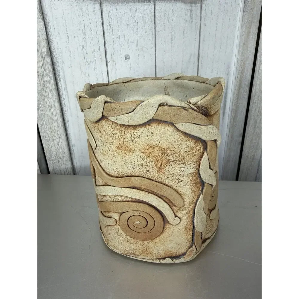 Vintage Signed Art Pottery Coil Vase Artist Swirl Brown Handmade Unique